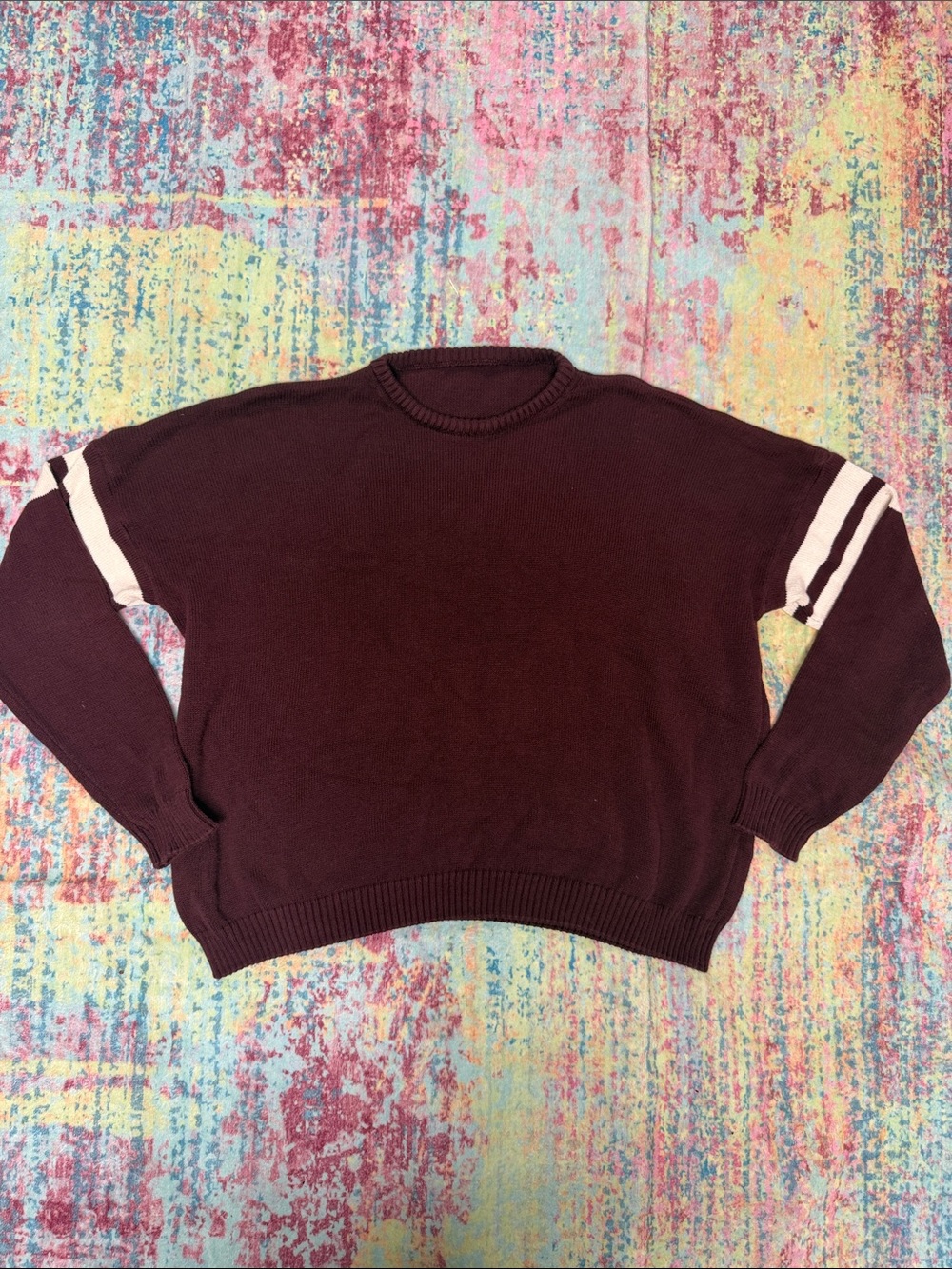 Women's Crewneck Sweater in Burgundy with White Sleeve Stripes